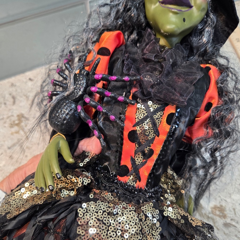 Halloween Shelf Sitter Witch Doll 30" Green Face Sequin Tulle Dress Spider - Picture 7 of 14